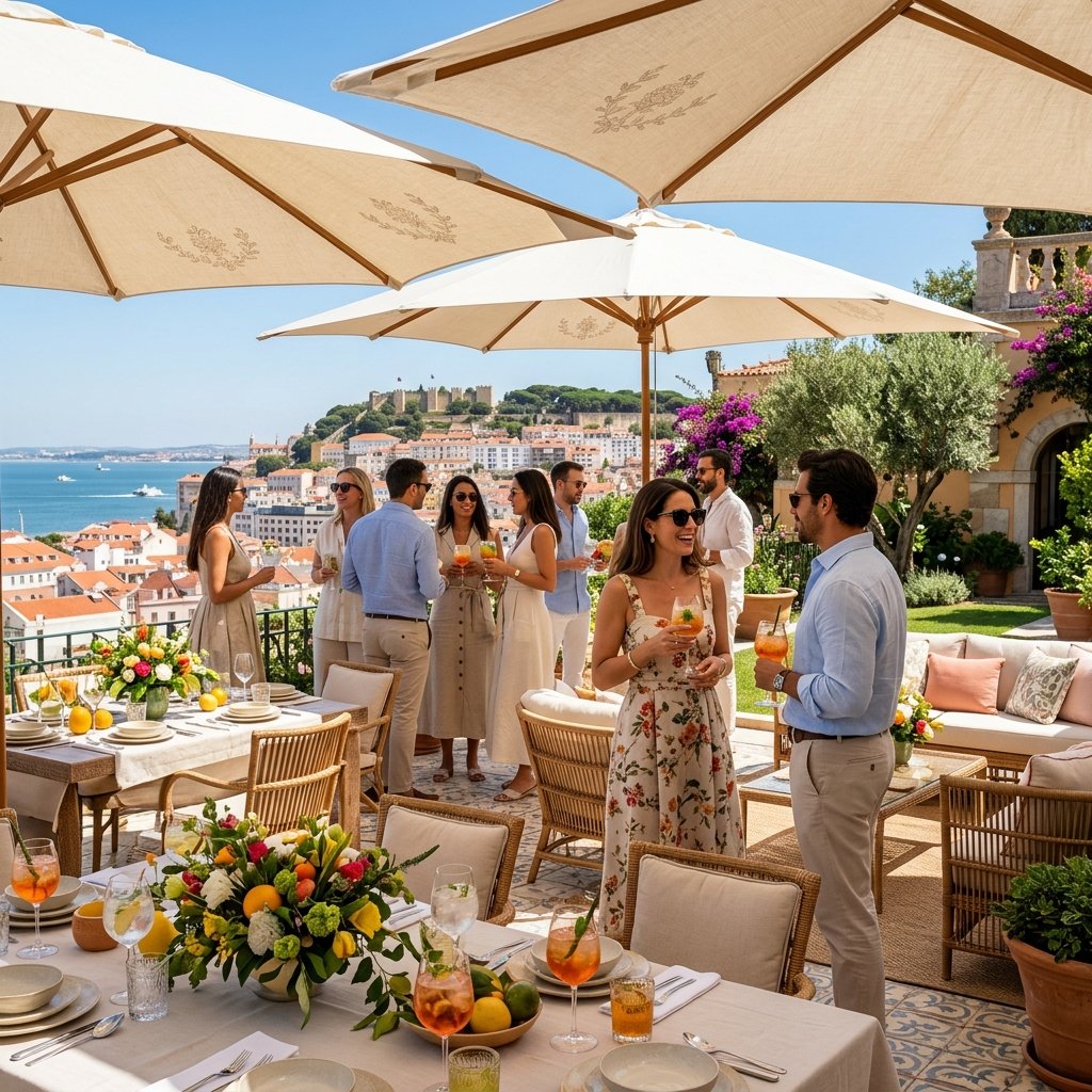 Festa de verão luxuosa ao ar livre em Lisboa com convidados elegantes à sombra de guarda-sóis